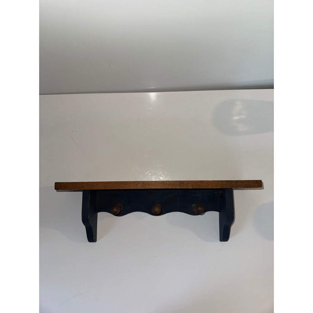 Vintage Rustic Wooden Wall Shelf with 3 Pegs Navy Blue and Honey Brown 16 Inch